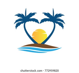 Sun Beach Ocean Palm Tree Vector Logo Design