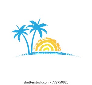 sun beach ocean palm tree vector logo design