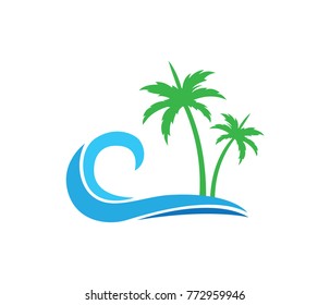 sun beach ocean palm tree vector logo design