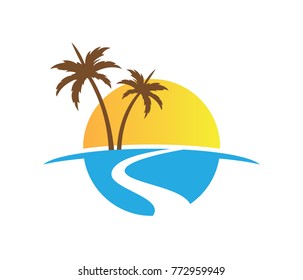 sun beach ocean palm tree vector logo design