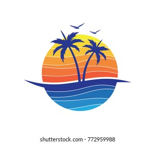 Sun Beach Ocean Palm Tree Vector Logo Design