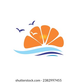 sun beach ocean seagul vector logo
