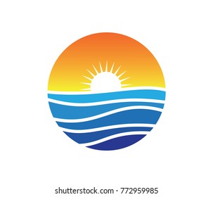 sun beach ocean vector logo design