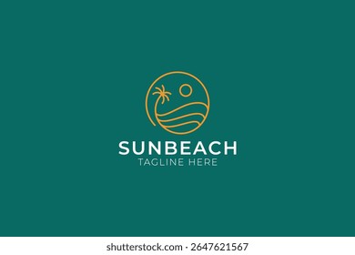 Sun Beach and Palm Tree Logo Badge Illustration Linear Minimalist Style