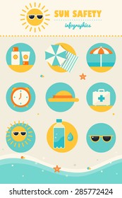 Sun and Beach Safety Rules Infographics Icons Set. Skin Protection and Health Care in Summer.