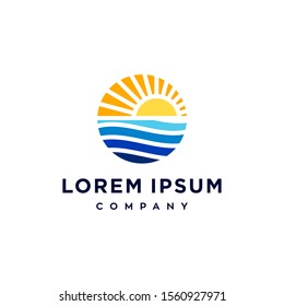 sun and beach sunset sunrise logo with water icon illustration , simple and elegant suitable for hotel or beach shop spa