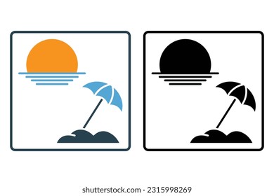 Sonnenschirmsymbol. Ikone im Zusammenhang mit Sommer, Strand, Sonnenuntergang, Sonnenaufgang. solides Design. Einfaches Vektordesign bearbeitet