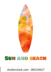 Sun and beach. Watercolor summer vacation card. Hand drawn card background with tourism objects: surfboard.