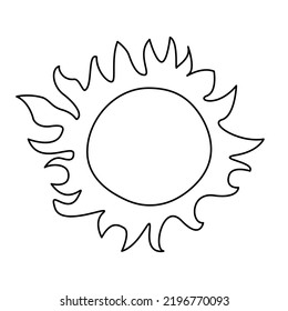 Sun with beams crown cartoon black and white contour outline drawing vector illustration isolated on white. Sunshine weather icon or logo summer clipart design element. Simple hand drawn shape.