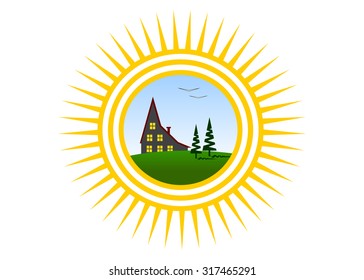  the sun with beams, the house and couple of trees