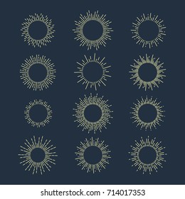Sun beams or sunbeams in circle or round shape. Geometric hand drawn star shining with rays as dotted lines. Sunrise or sunset, summer radial sunburst symbol, sparkle and flash, linear theme