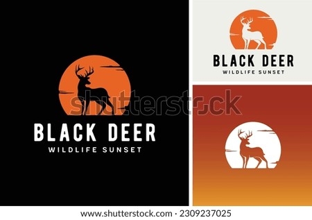 Sun and Beauty Mule Deer Buck Stag hart Silhouette in African Savanna Sunrise or Sunset Nature Wildlife logo design 