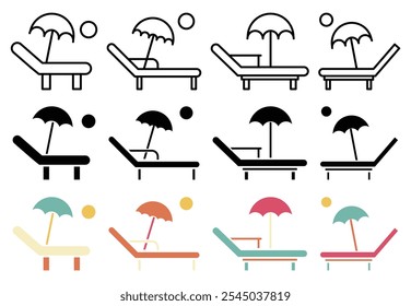 Sun bed icon in black and colored versions.
