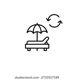 Sun bed on the beach with umbrella and renew arrows. Vacation renewal, travel cycle. Pixel perfect, editable stroke vector icon