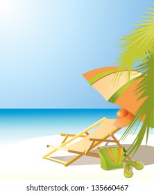 sun bed, orange umbrella on the beach