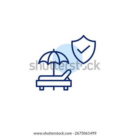 Sun bed, umbrella, shield and checkmark. Approved hotel, travel insurance. Verified holidays. Pixel perfect, editable stroke vector icon