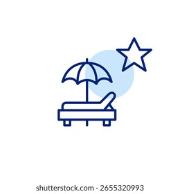 Cama de sol, guarda-chuva e estrela. Hotel Premium, serviço de luxo. Férias de praia VIP. Pixel perfeito, ícone de vetor de traçado editável