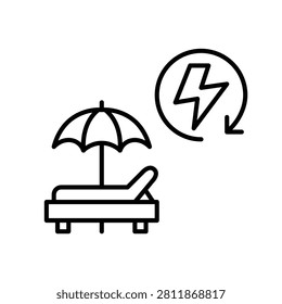 Sun bed under umbrella, lightning bolt and renew arrow. Sustainable beach holidays. Pixel perfect, editable stroke vector icon
