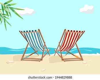 Sun beds on the beach by the sea. Cartoon colorful vector illustration