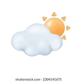 Sun behind cloud 3d vector illustration. Sunny and cloudy day on weekend in cartoon style isolated on white background. Weather forecast, meteorology concept