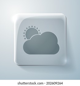 the sun behind the cloud. Glass square icon with highlights