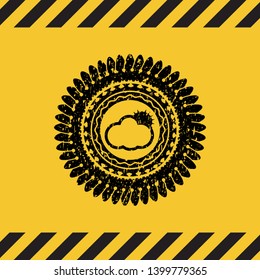 sun behind cloud icon black grunge emblem inside yellow warning sign. Vector Illustration. Detailed.