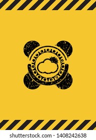 sun behind cloud icon black grunge emblem with yellow background. Vector Illustration. Detailed.