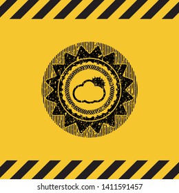 sun behind cloud icon black grunge emblem, yellow warning sign. Vector Illustration. Detailed.