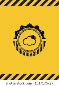 sun behind cloud icon black grunge emblem inside yellow warning sign. Vector Illustration. Detailed.