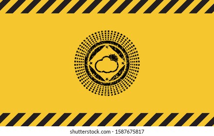 sun behind cloud icon black grunge emblem, yellow warning sign. Vector Illustration. Detailed.