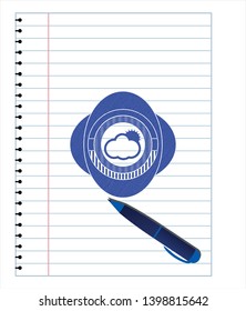 sun behind cloud icon blue ink pen emblem. Vector Illustration. Detailed.