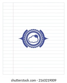 sun behind cloud icon blue ink pen emblem. Vector Illustration. Detailed. 