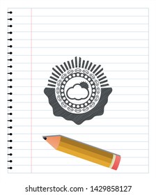 sun behind cloud icon emblem draw with pencil effect. Vector Illustration. Detailed.