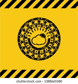 sun behind cloud icon grunge black emblem with yellow background, warning sign. Vector Illustration. Detailed.