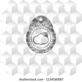 sun behind cloud icon inside grey badge with geometric cube white background