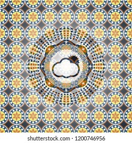 sun behind cloud icon inside arabic style badge. Arabesque decoration.