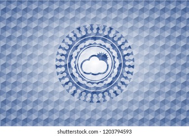 sun behind cloud icon inside blue badge with geometric pattern background.