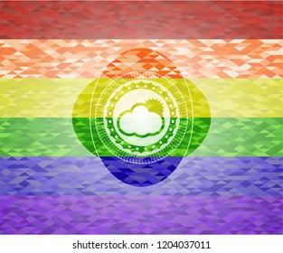 sun behind cloud icon inside emblem on mosaic background with the colors of the LGBT flag