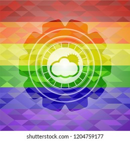 sun behind cloud icon inside emblem on mosaic background with the colors of the LGBT flag