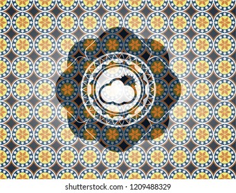 sun behind cloud icon inside arabesque style badge. arabic decoration.