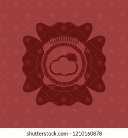 sun behind cloud icon inside red emblem. Retro