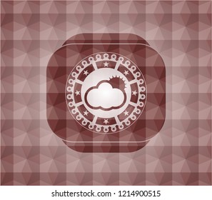 sun behind cloud icon inside red seamless geometric pattern emblem. Seamless.