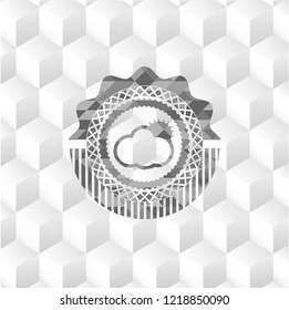 sun behind cloud icon inside retro style grey emblem with geometric cube white background