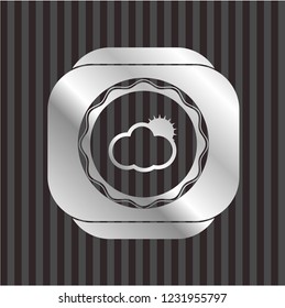 sun behind cloud icon inside silver shiny emblem