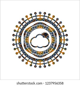 sun behind cloud icon inside arabesque badge background. arabic decoration.