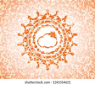sun behind cloud icon inside abstract orange mosaic emblem with background