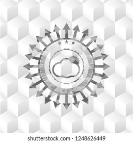 sun behind cloud icon inside grey emblem with geometric cube white background