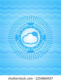 sun behind cloud icon inside sky blue water wave badge.