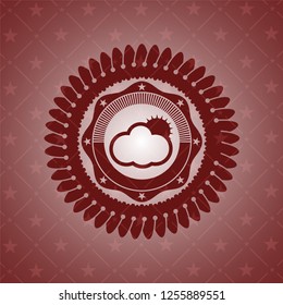 sun behind cloud icon inside red emblem