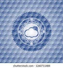 sun behind cloud icon inside blue hexagon badge.